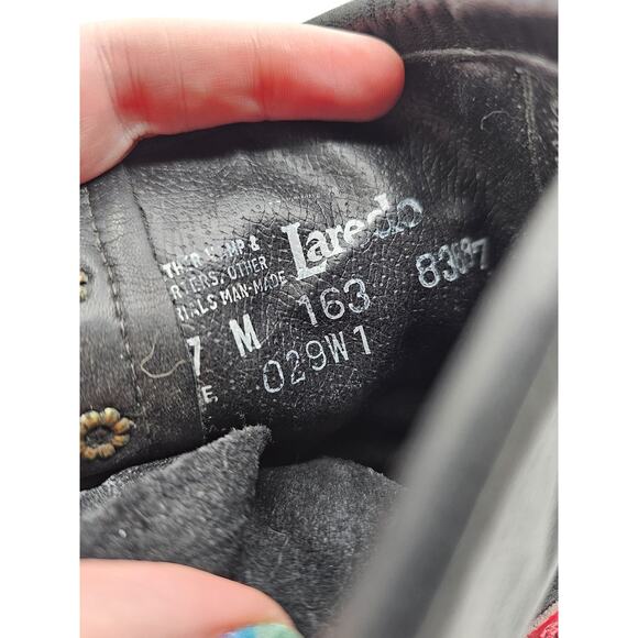 VTG 1980s Laredo Leather Kiltie Lace Up Boots Black Red 7M Western Gothabilly - Picture 8 of 9